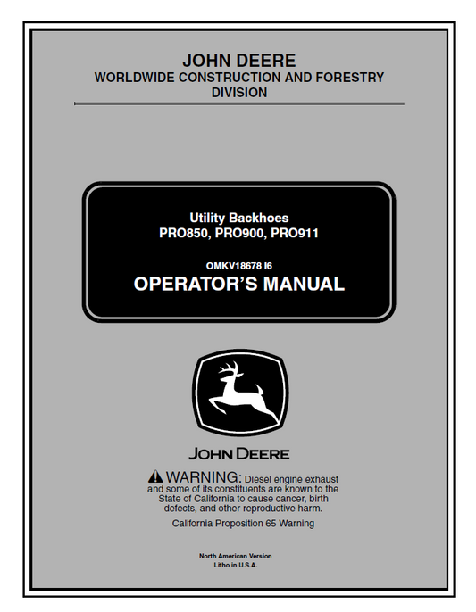 John Deere Utility Backhoes PRO850, PRO900, PRO911 Operator Manual OMKV18678 PDF 