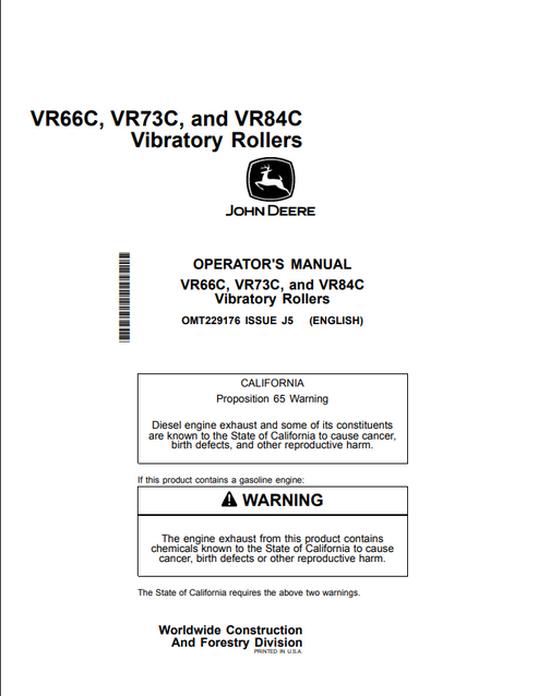 John Deere VR66C VR73C VR84C Vibratory Roller Operator Manual