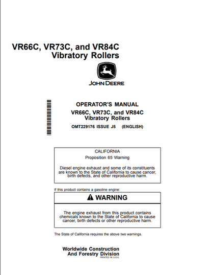 John Deere VR66C VR73C VR84C Vibratory Roller Operator Manual