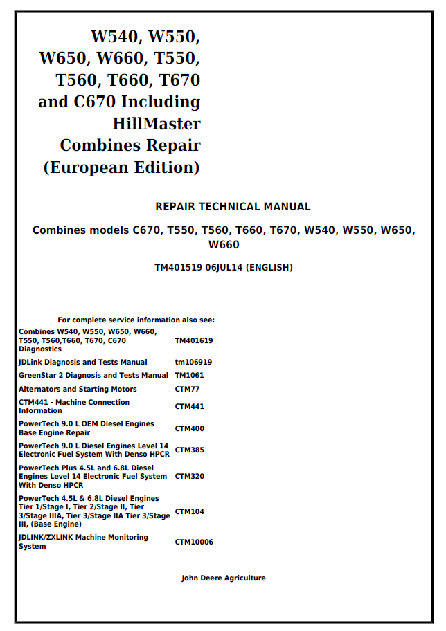 John Deere W540, W550, W650, W660, T550, T560, T660, T670 and C670 HillMaster Combines Repair Technical Manual TM401519 PDF