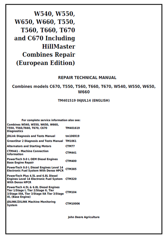 John Deere W540, W550, W650, W660, T550, T560, T660, T670 and C670 HillMaster Combines Repair Technical Manual TM401519 PDF