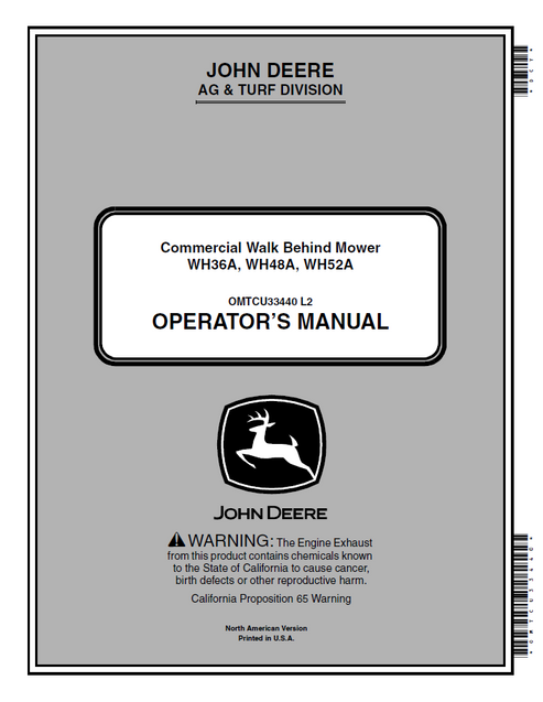 John Deere WH36A WH48A WH52A Commercial Walk-Behind Mower Manual