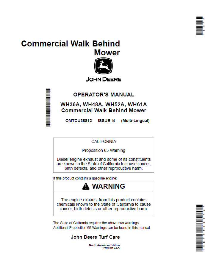 John Deere WH36A, WH48A, WH52A, WH61A Commercial Walk Behind Mower Operator Manual OMTCU38812 PDF