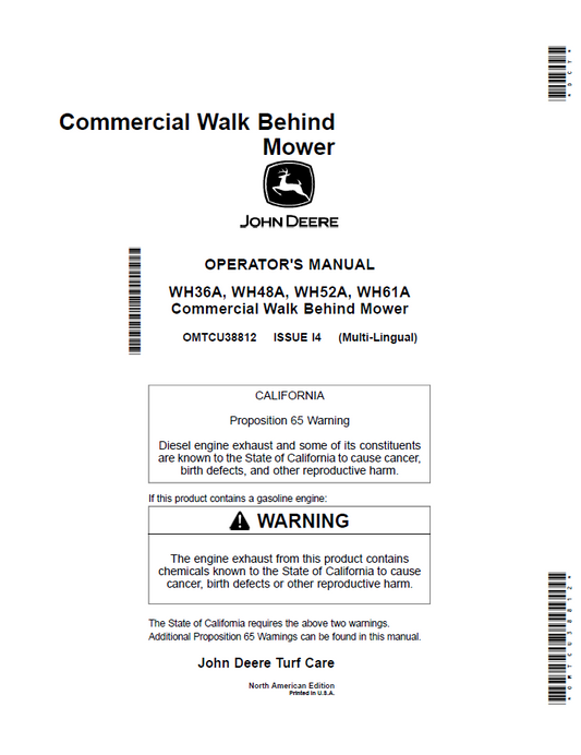 John Deere WH36A, WH48A, WH52A, WH61A Commercial Walk Behind Mower Operator Manual OMTCU38812 PDF