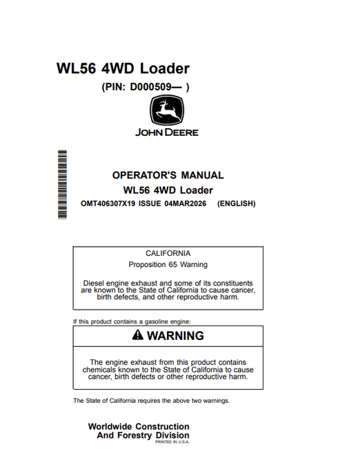 John Deere WL56 4WD Loader Operator Manual PDF OMT406307X19