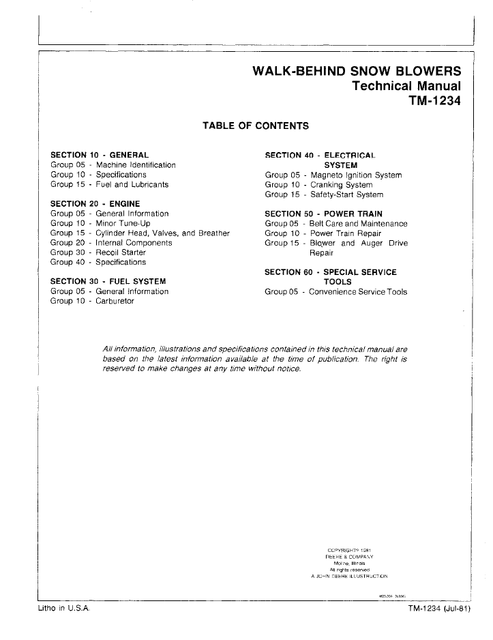 John Deere Walk-Behind Snowblower Service Repair Manual PDF