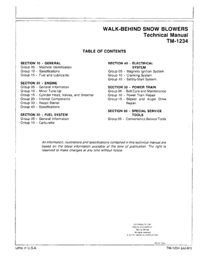 John Deere Walk-Behind Snowblower Service Repair Manual PDF