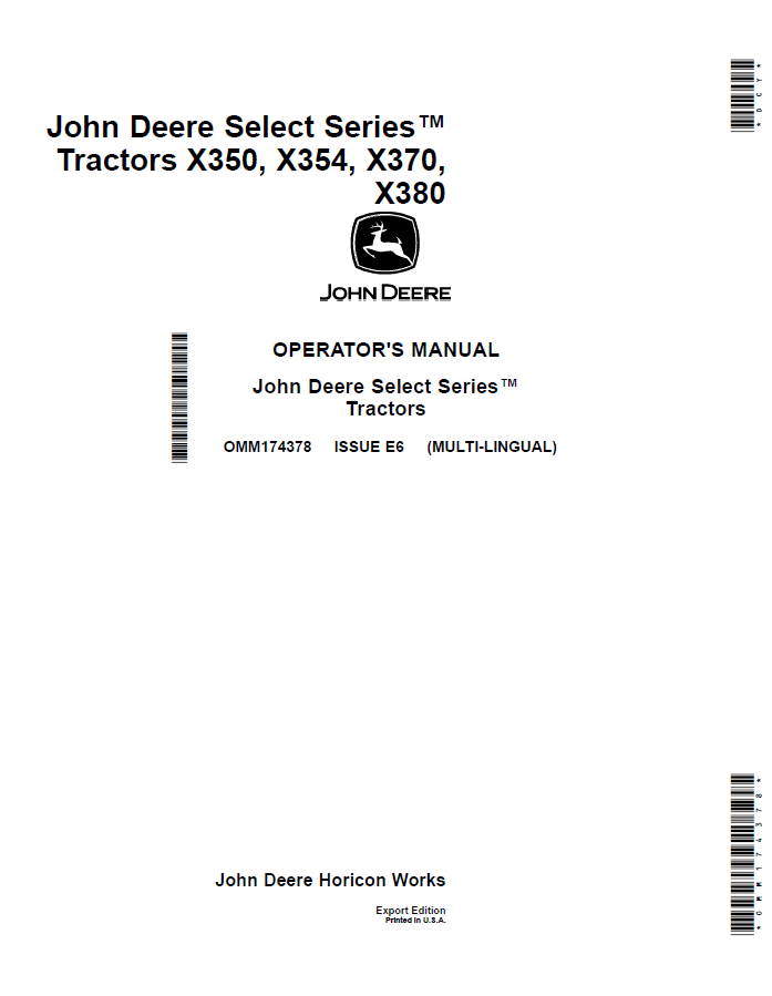 John Deere X350, X354, X370, X380 Select Series Tractor Operator Manual OMM174378 PDF
