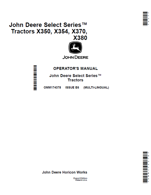 John Deere X350, X354, X370, X380 Select Series Tractor Operator Manual OMM174378 PDF