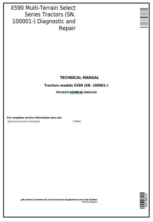 John Deere X590 Multi-Terrain Tractor Diagnostic Repair Manual