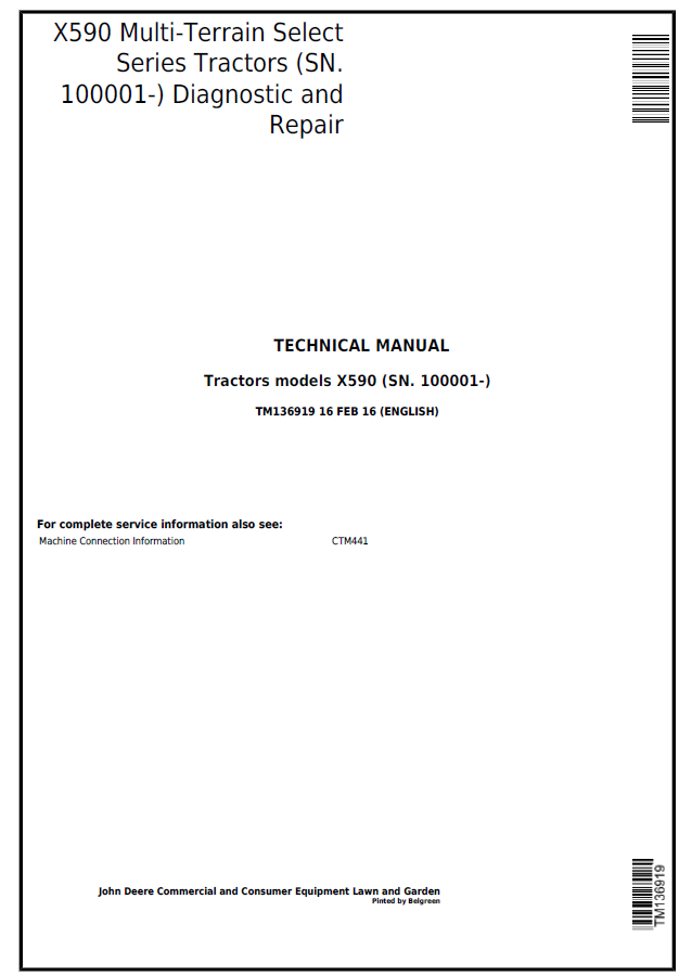 John Deere X590 Multi-Terrain Tractors Diagnostic and Repair Technical Manual TM136919 PDF