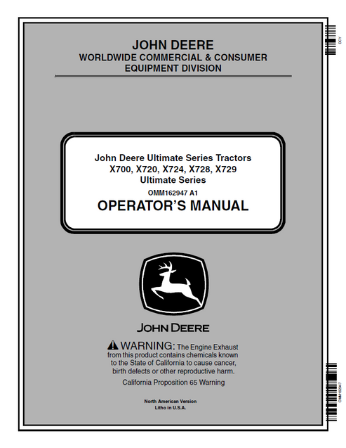 John Deere X700 X720 X724 X728 X729 Ultimate Series Tractor Manual OMM162947