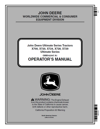 John Deere X700 X720 X724 X728 X729 Ultimate Series Tractor Manual OMM162947