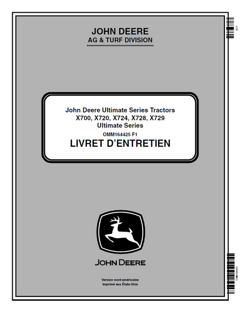 John Deere X700 X720 X724 X728 X729 Ultimate Series Tractor Manual OMM164425