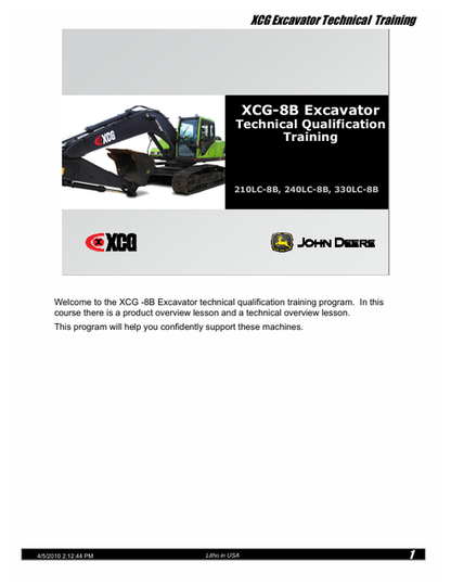 John Deere XCG Crawler Excavator Training Manual 210LC 240LC 330LC