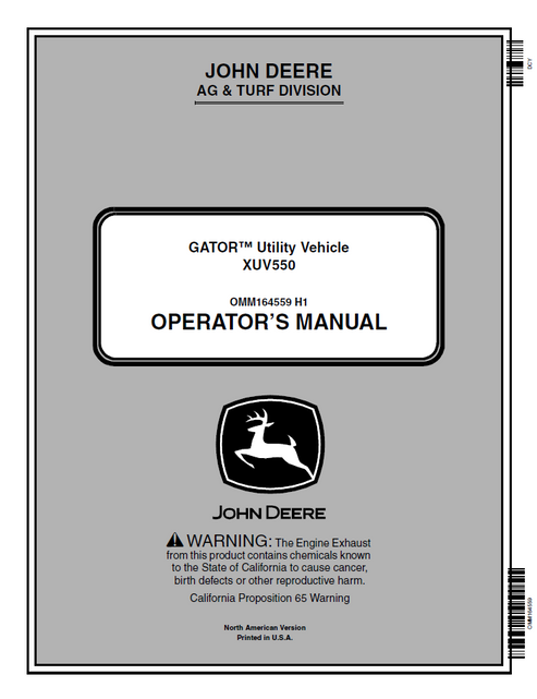 John Deere XUV550 Gator Utility Vehicle Operator Manual OMM164559