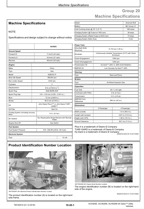 John Deere XUV825E XUV825M Gator Utility Vehicle Technical Manual TM150019