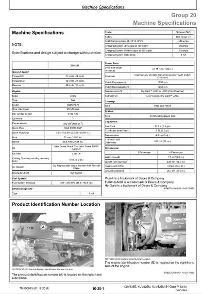 John Deere XUV825E XUV825M Gator Utility Vehicle Technical Manual TM150019