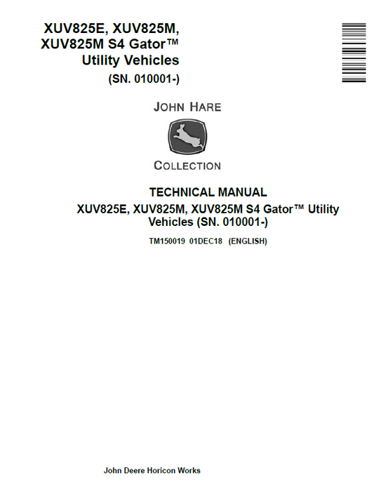 John Deere XUV825E, XUV825M, XUV825M S4 Gator Utility Vehicle Technical Manual TM150019 PDF
