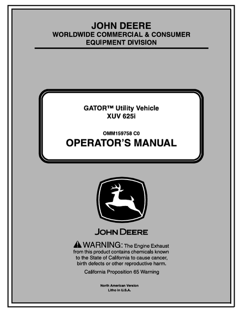 John Deere XUV 625i Gator Utility Vehicle Operator Manual OMM159758