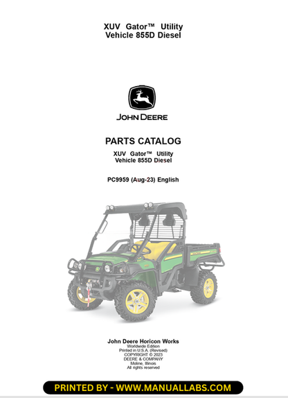 John Deere XUV 855D Gator Diesel Parts Catalog Manual PC9959