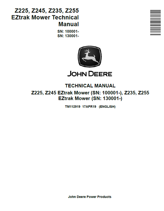 John Deere Z225, Z245, Z235, Z255 EZtrak Mower Technical Manual TM112919 PDF