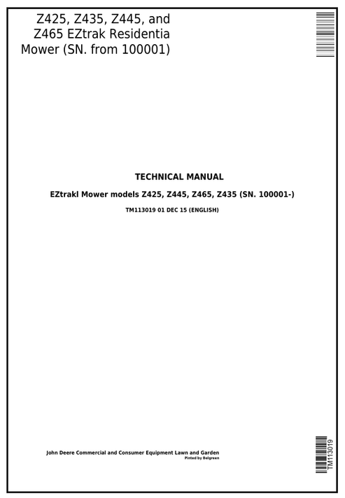 John Deere Z425 Z435 Z445 Z465 EZTRAK Mower Technical Manual TM113019