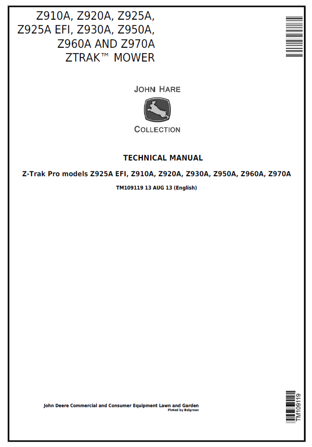 John Deere Z925A EFI, Z910A, Z920A, Z930A, Z950A, Z960A, Z970A Z-Trak Pro models Technical Manual TM109119 PDF