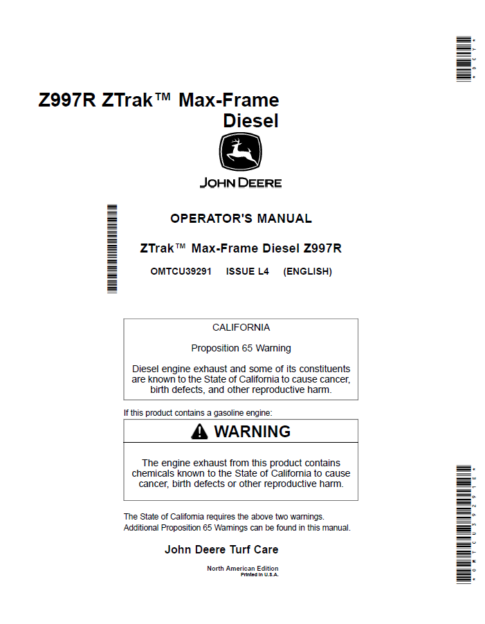 John Deere ZTrak™ Max-Frame Diesel Z997R Operator Manual OMTCU39291 PDF