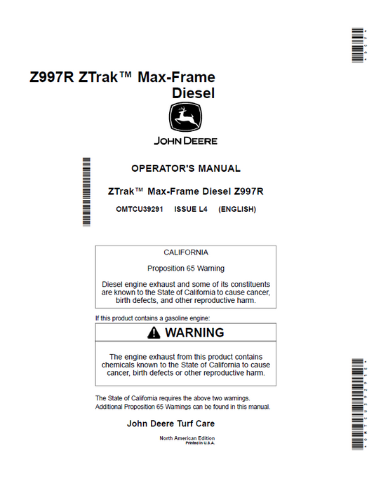John Deere ZTrak™ Max-Frame Diesel Z997R Operator Manual OMTCU39291 PDF