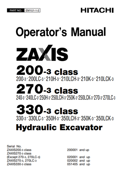 John Deere Zaxis 200-3 270-3 330-3 Operator Manual EM1U112