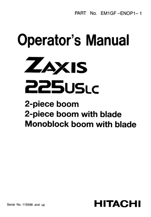 John Deere Zaxis 225USLC Boom With Blade Operator Manual EM1GFENOP11