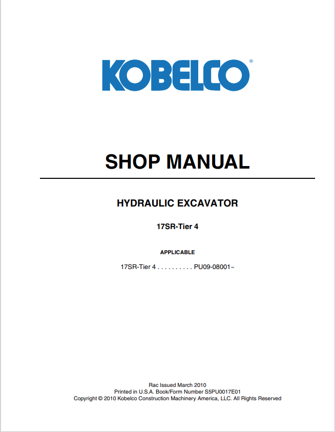KOBELCO 17SR-TIER 4 HYDRAULIC EXCAVATOR SHOP MANUAL PDF