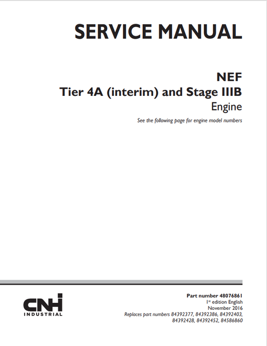 KOBELCO CNH NEF TIER 4A AND STAGE IIIB ENGINE SERVICE MANUAL PDF