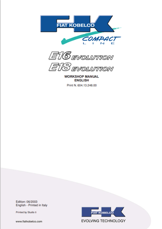 KOBELCO FIAT E16, E18 EVOLUTION COMPACT LINE WORKSHOP MANUAL PDF