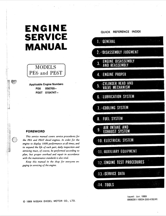 KOBELCO NISSAN PE6, PE6T DIESEL ENGINE SERVICE MANUAL PDF