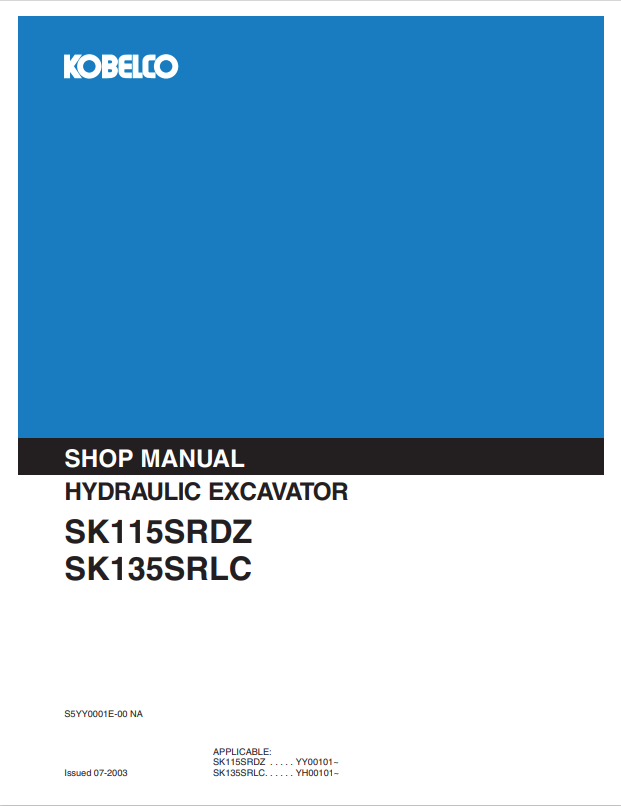 KOBELCO SK115SRDZ, SK135SRLC HYDRAULIC EXCAVATOR SHOP MANUAL PDF