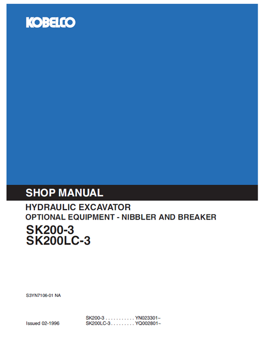 KOBELCO SK200-3, SK200LC-3 HYDRAULIC EXCAVATOR SHOP MANUAL PDF