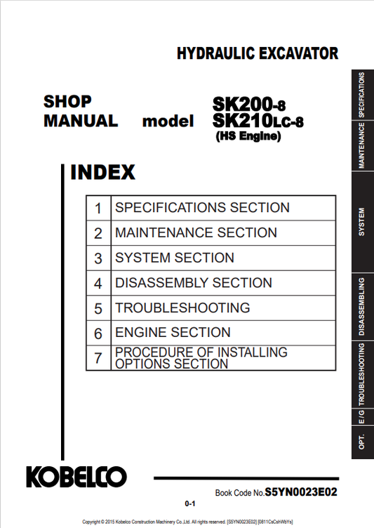 KOBELCO SK200-8, SK210LC-8 HS ENGINE HYDRAULIC EXCAVATOR SHOP MANUAL PDF