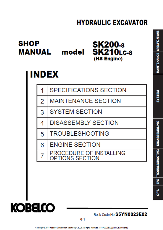 KOBELCO SK200-8, SK210LC-8 HS ENGINE HYDRAULIC EXCAVATOR SHOP MANUAL PDF