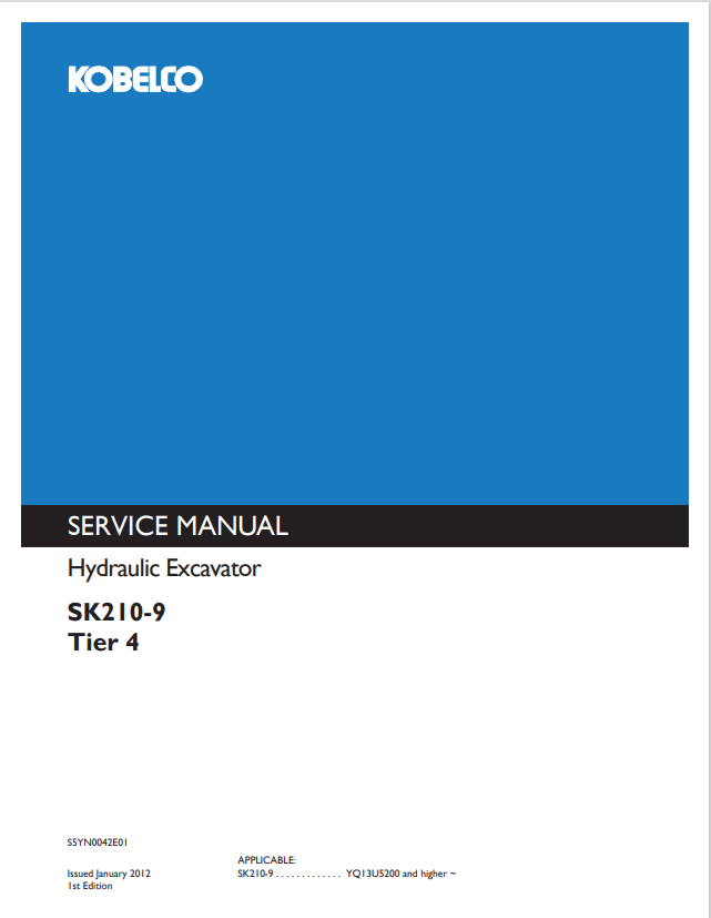 KOBELCO SK210-9 TIER 4 HYDRAULIC EXCAVATOR SERVICE MANUAL PDF