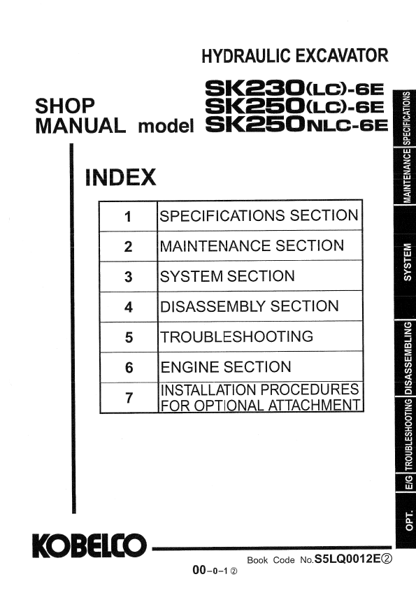 KOBELCO SK230LC-6E, SK250LC-6E, SK250NLC-6E HYDRAULIC EXCAVATOR SHOP MANUAL PDF