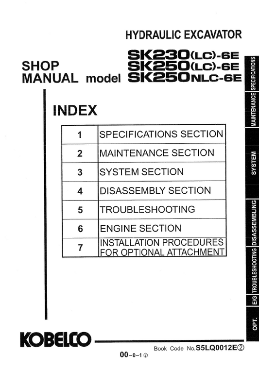 KOBELCO SK230LC-6E, SK250LC-6E, SK250NLC-6E HYDRAULIC EXCAVATOR SHOP MANUAL PDF