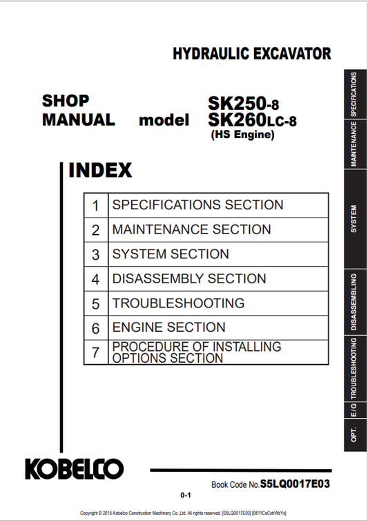 KOBELCO SK250-8, SK260LC-8 HS ENGINE HYDRAULIC EXCAVATOR SERVICE MANUAL PDF