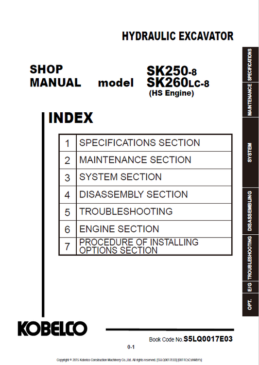 KOBELCO SK250-8, SK260LC-8 HS ENGINE HYDRAULIC EXCAVATOR SHOP MANUAL PDF