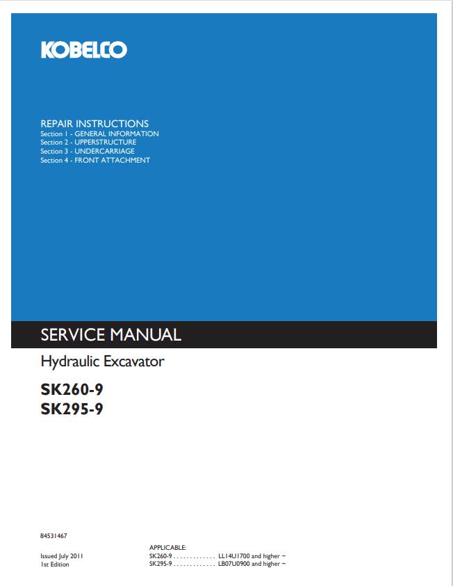 KOBELCO SK260-9, SK295-9 HYDRAULIC EXCAVATOR SERVICE MANUAL PDF