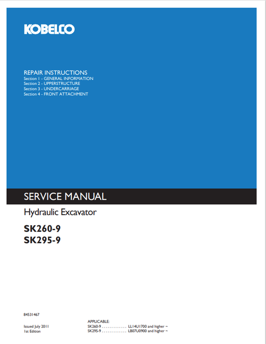 KOBELCO SK260-9, SK295-9 HYDRAULIC EXCAVATOR SERVICE MANUAL PDF