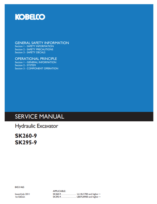 KOBELCO SK260-9, SK295-9 HYDRAULIC EXCAVATOR SERVICE MANUAL PDF