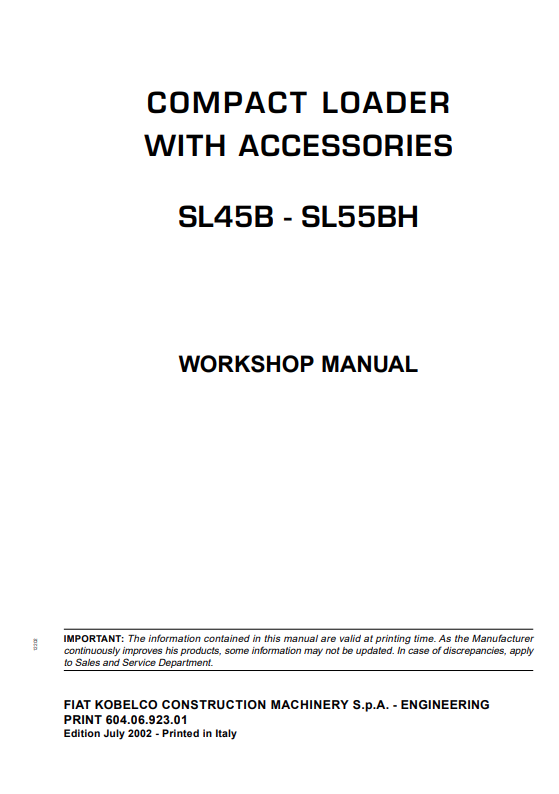 KOBELCO SL45B, SL55BH COMPACT LOADER WITH ACCESSORIES WORKSHOP MANUAL PDF