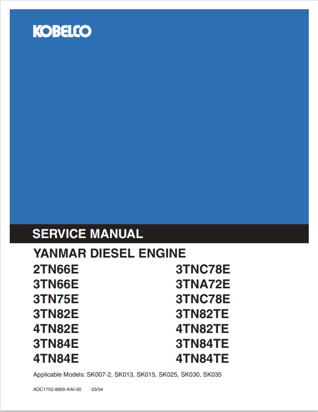 KOBELCO YANMAR 2TN, 3TN, 4TN DIESEL ENGINE SERVICE MANUAL PDF